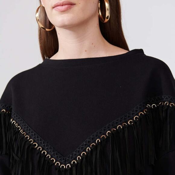 Hayley Menzies Ada Suede Fringe Cotton Blend Sweatshirt Size Large Solid Black - Picture 2 of 8